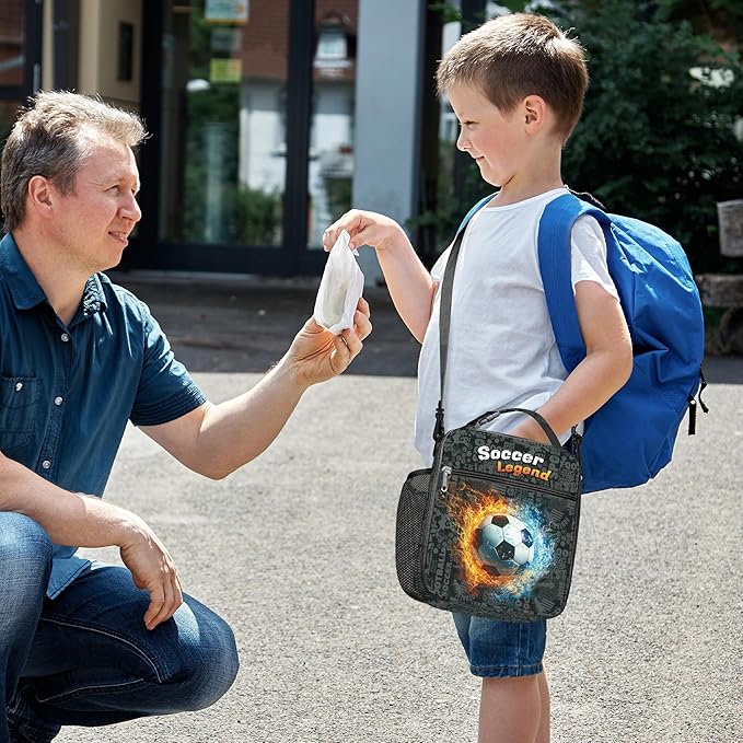 Clastyle 3D Insulated Kids Lunch Bag Large Thermal Cooler Bag for Boy Picnic School Lunch Box Tote,Fire Football