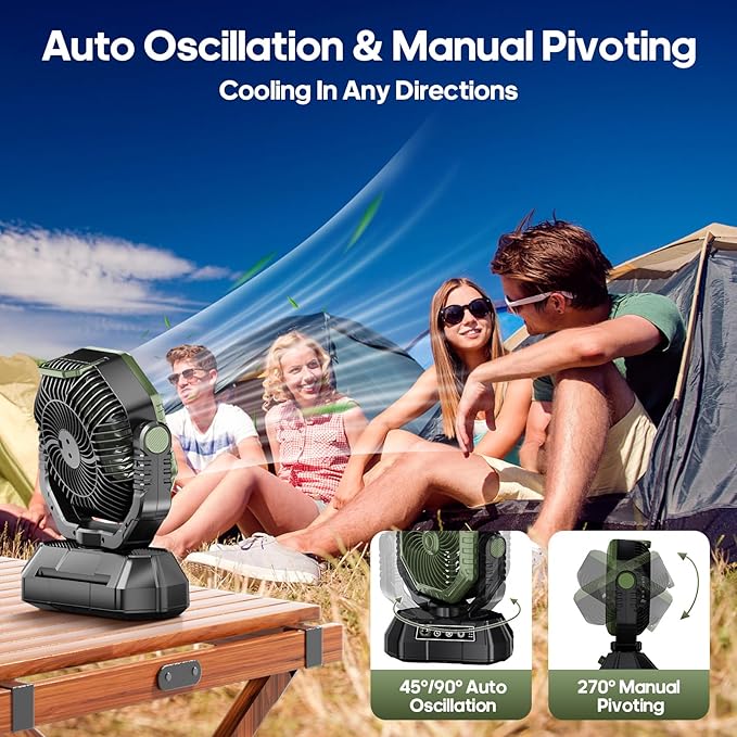 AJVV Camping Fan Rechargeable, Battery Powered Fan With Remote Controller, LED Light, Dual-Blade, Stepless Speed, 45°/90°/270° Swing,Timer, Portable fan For Travel Tent Bedroom Beach Fishing, Green