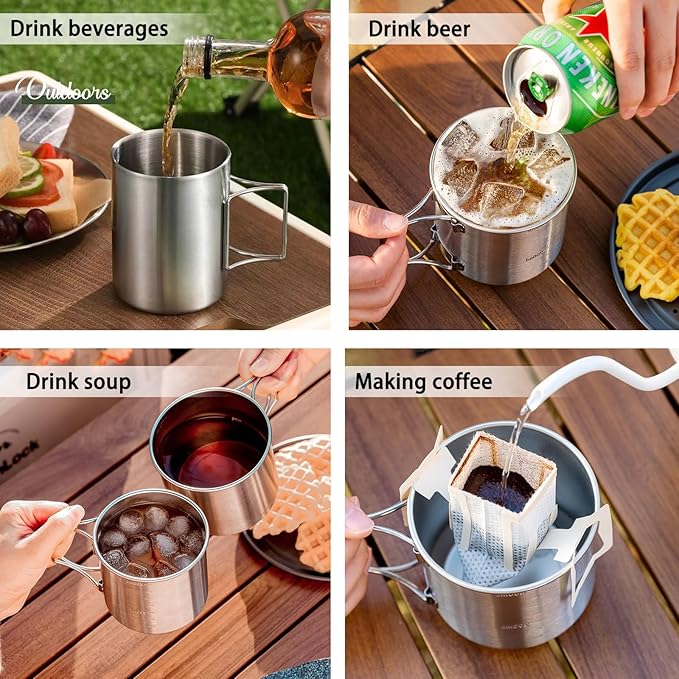 3PCS Camping Kettle Outdoor Campfire Camp Kettle Set with 2 Cups, 1L Stainless Steel camping tea kettle Coffee Pot, Portable Lightweight Teapot, Ideal for Hiking Picnic Travel, Silver