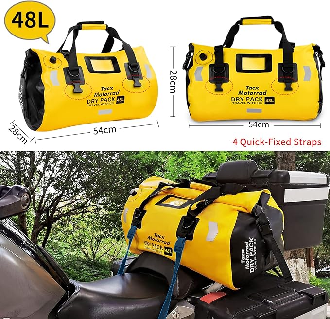 Waterproof Duffel Bag for Men/Women, Roll-top Dry Backpack Duffel Bag with Quick-fixed Straps, Motorcycle Tail Saddle Bag for Motorcycling, Rafting, Boating, Kayaking, Travel, 48L-Yellow