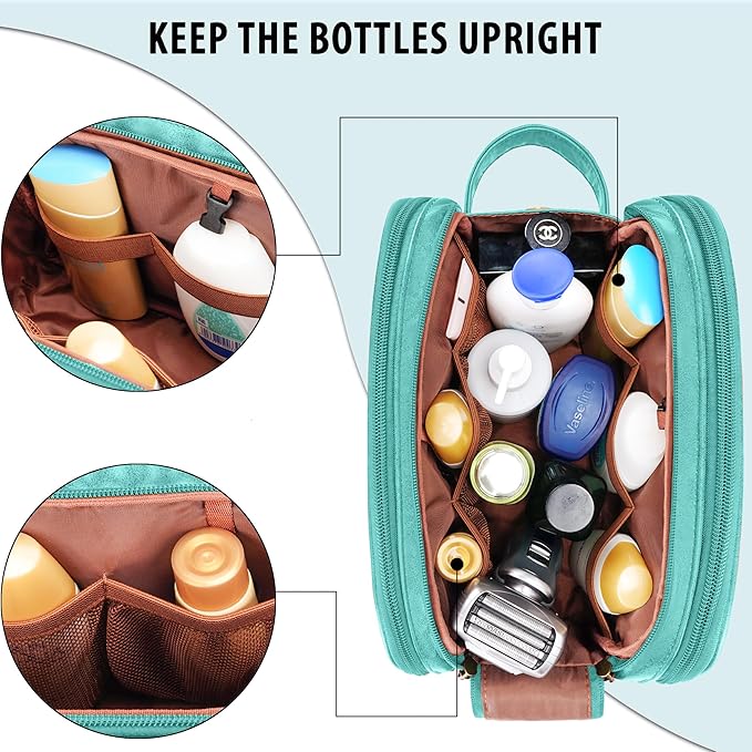 Travel Toiletry Bag for Men, Large Hanging Toiletries Organizer Bags for Women, Cruise Ship Essentials, Water-resistant Shaving Case, PU Leather Makeup Accessories, Cosmetic Dopp Kit, Lake Blue