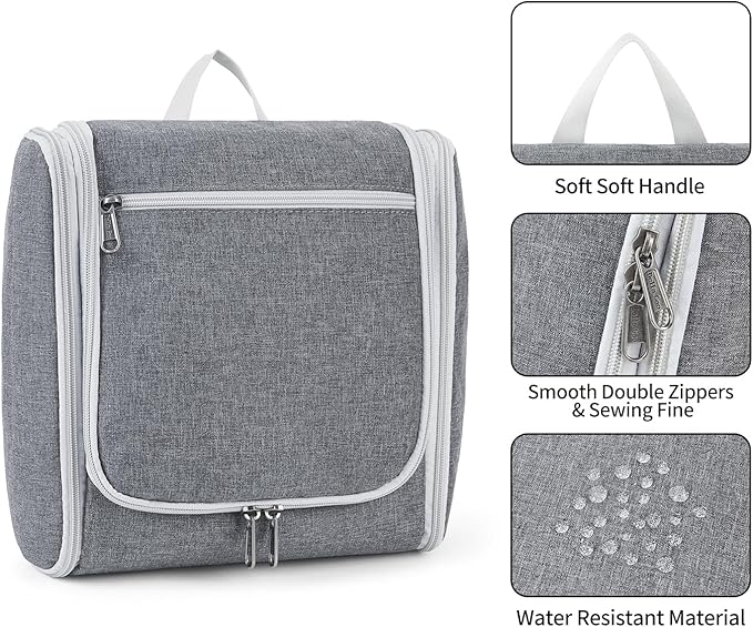 Della Gao Travel Hanging Toiletry Bag for Men and Women, Large Capacity Cosmetics Bag Makeup Bag Organizer, Bathroom Bag, Water-Resistant Nylon, Grey