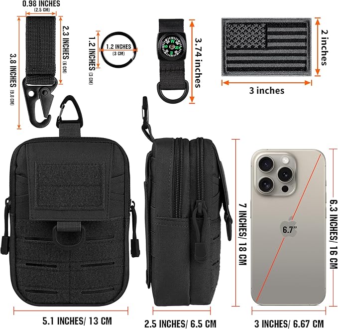 IronSeals Tactical Molle Utility EDC Pouch Nylon Waist Belt Bag Camping Hiking Organizer Pouch Phone Holster for iPhone 16 Pro Max/16 Pro/15 Pro Max/14 Pro Max/13 Pro Max/12 Pro Max/11 Pro Max, Large