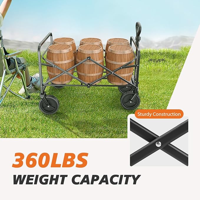 Sweetcrispy Collapsible Foldable Wagon Cart, Large Capacity Garden Cart with Wheels, Heavy Duty Utility Grocery Wagon with Drink Holders for Shopping Sports Camping, Large Black
