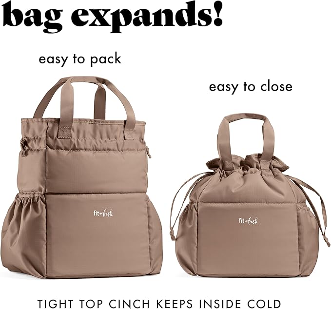 Fit & Fresh Lunch Bag For Women, Insulated Womens Lunch Bag For Work, Stain-Resistant Large Lunch Box For Women With Containers, Cinch Closure Cromwell Bag, Taupe