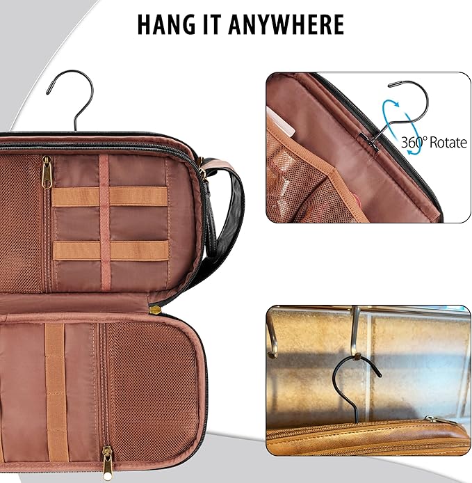 Travel Toiletry Bag for Men, Large Hanging Toiletries Organizer Bags for Women, Cruise Ship Essentials, Water-resistant Shaving Case, PU Leather Makeup Accessories, Cosmetic Dopp Kit, Black