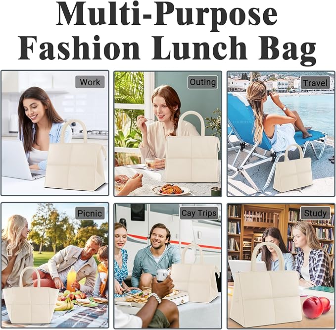 Coobiiya Stylish Lunch Box Lunch Bag for Women Men, Ultralight Thickened Leakproof Quilted Puffer Lunch Cooler Tote, Adult Small Cute Reusable Insulated Lunch Box for Work, Office, Travel (White)