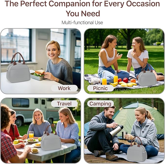 Bagseri Lunch Box for Women - Adult Lunchboxes for Men Reusable Leakproof Thermal Cooler Sack Food Handbags Case High Capacity for Work and Picnic (Gray)