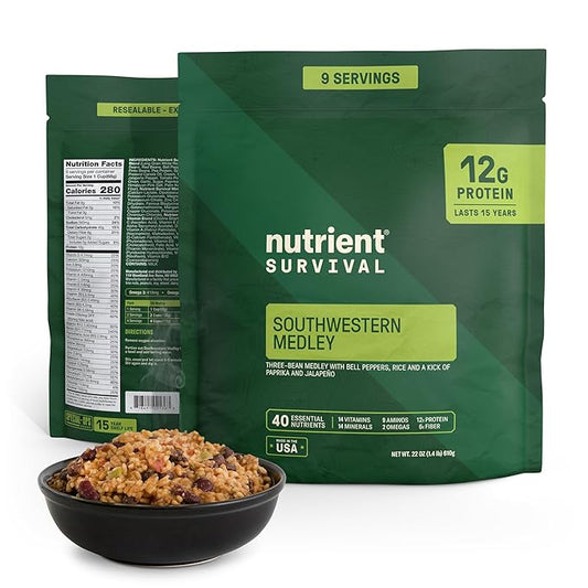 Nutrient Survival MRE Southwestern Medley Ready to Eat Meals (9 Servings) Freeze Dried Prepper Supplies & Emergency Food Supply, 40 Essential Nutrients, Shelf Stable Up to 15 Years, Pantry Pack
