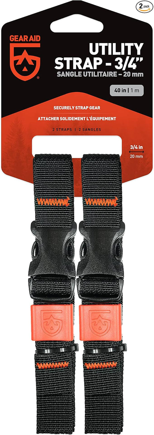 GEAR AID Utility Straps with Side-Release Buckle, Secure and Compress Camping, Biking, Hunting, Boating Gear, Multiple Sizes 3/4" x 40"