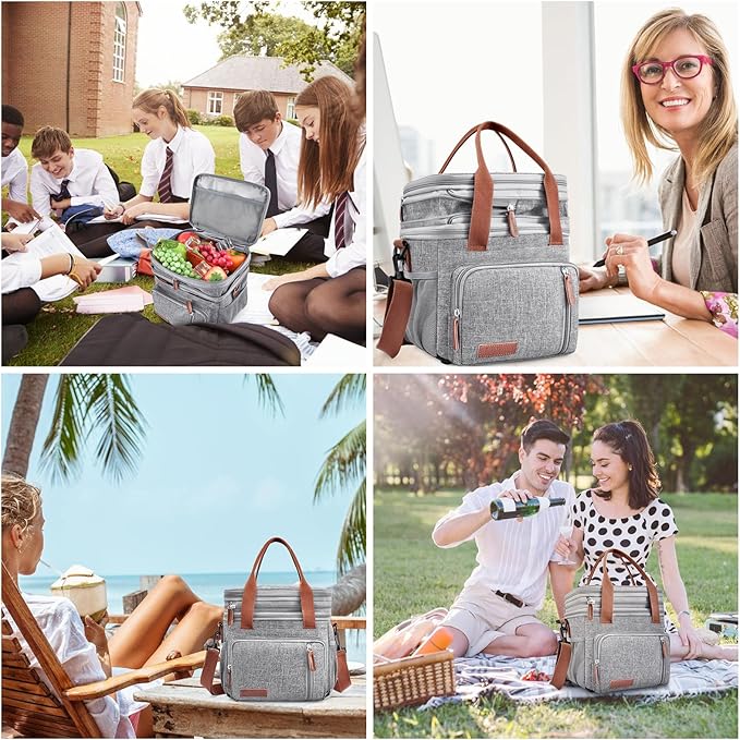 Lunch Box & Lunch Bag for Women Men, Large Insulated Adult Lunch Box Leakproof Lunchbox Cooler Bag for Work Picnic Beach,16L, Gray