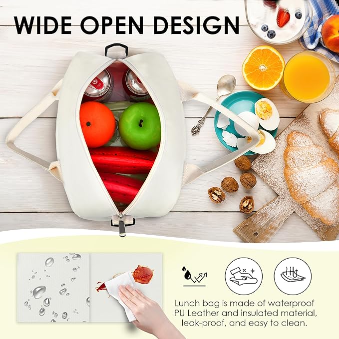 LOKASS Lunch Bag for Women-Insulated Adults Lunch Box with Front Pocket- Small Cute Lunch Tote for Work-Reusable Cooler Bag for Office Picnic Beach or Travel（White）