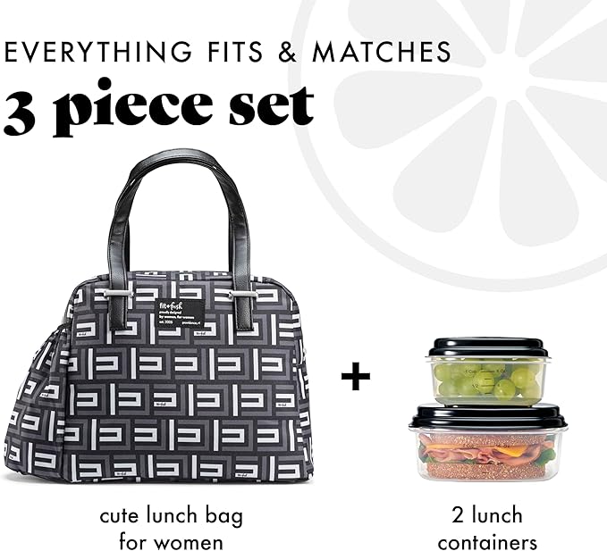 Fit & Fresh Insulated Lunch Box For Women, Leakproof & Stain-Resistant With Expandable Bottle Pocket, Zipper Closure - Laketown Lunch Bag Black Geo