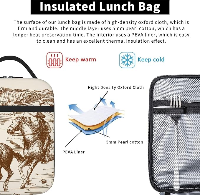 Western Desert Cowboy Vintage Insulated Lunch Bag Reusable Cooler Lunch Box Portable Leakproof Thermal Container Tote Bags for Girls Boys School Travel
