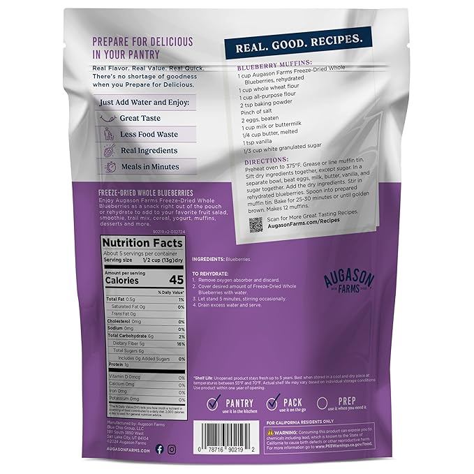 Augason Farms Freeze Dried Whole Blueberries Resealable Pouch, Emergency Food Supply, Everyday Meals, 5 Servings