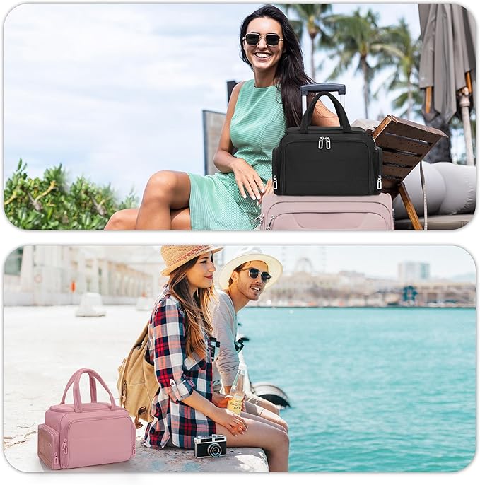 Travel Toiletry Bag for Women, Lightweight Wide-open Cosmetic Travel Bags for Toiletries with 2 Removable Dividers, Large Makeup Organizer with Brushes Board, Multi Pockets for Gym, Daily, Pink