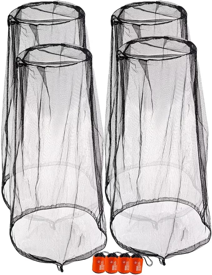 wohohoho Mosquito Head Net Mesh with Drawstring, Bug Face Netting for Hats, Mesh Face Shield for Men & Women Screen Net for Any Outdoor Lover Midges, Bugs & Gnats (4 Packs, Black Colors, Updated Size)