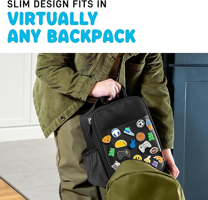 Fit & Fresh Lunch Box For Kids, Boys & Girls, School, Camp, Insulated Bag With Shoe Charm Slots For Personalization, Black