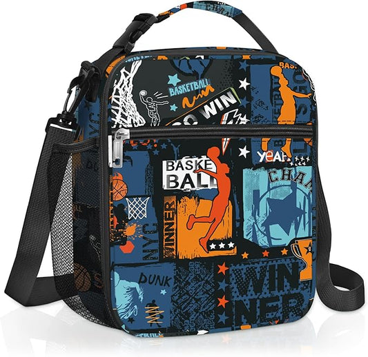 Clastyle Black Street Basketball Insulated Lunch Bag for Kids, Portable Large Thermal Cooler Lunch Bag for Boys, School Lunch Box Bag with Bottle Holder