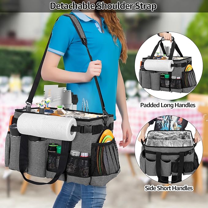 Large Grill Utensil Caddy with Paper Towel Holder, Outdoor Picnic Bag Organizer for BBQ Supplies Tool, Tailgating Accessory Basket Camping Gear Must Haves for Cook Essentials, Gray, Bag Only