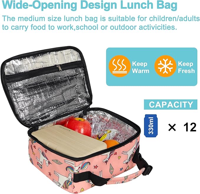 esouler Lunch Box Kids Insulated Lunch Bag for Boys & Girls Durable Children Lunchbox for School with Water Bottle Holder-Pink Unicorn