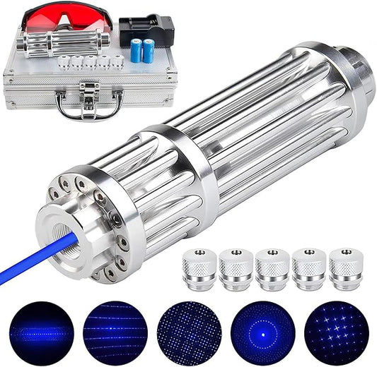 High Power Blue Flashlight, Long Range Powerful Blue Light, Rechargeable Flashlight with 5 Star-Cap for Camping, Hiking, Hunting, Fishing, Silver