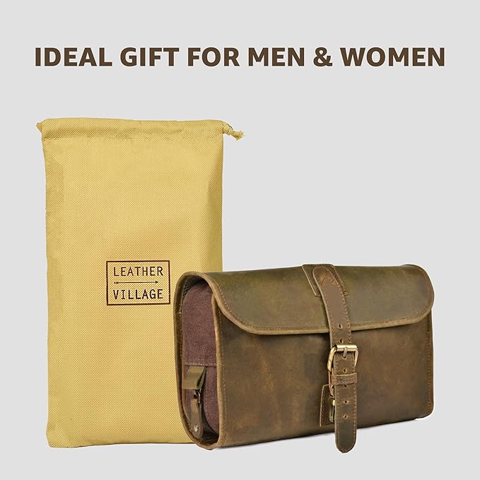 LEATHER VILLAGE Hanging Toiletry Bag for Men & Women, Handcrafted Vintage Cosmetic & Shaving Organizer Travel Dopp Kit- Mud