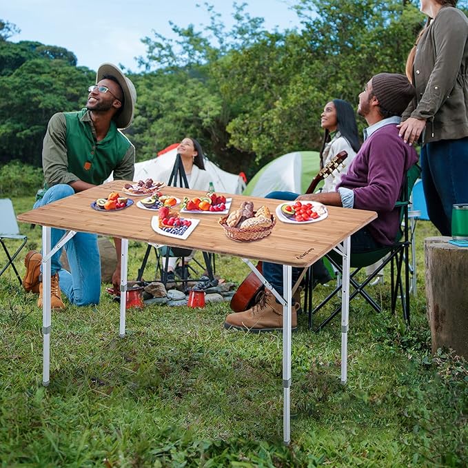 KingCamp Bamboo Folding Table Camping Table with Adjustable Height Aluminum Legs Heavy Duty 176 lbs 2-Folds Portable Camp Tables for Travel, Picnic, Beach, 6 People