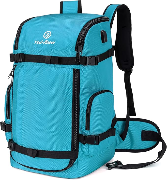 Ski Boot Bag Backpack, 50L Large Capacity Water-Resistant Padded Ski Travel Bag & Snowboard Boot Bag for Ski Boots, Helmet, Goggles, Clothes, Gloves, Snowboard Gear (Cyan)