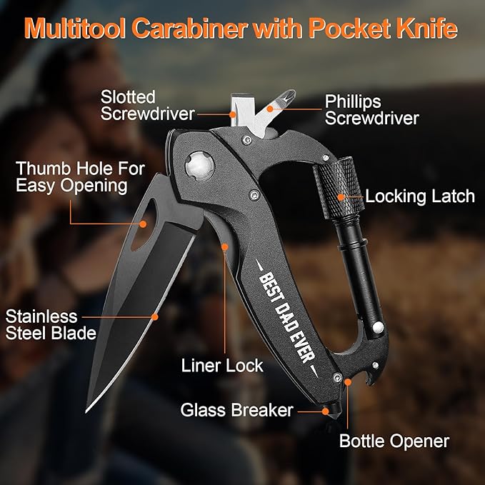 Fathers Day Dad Gifts from Daughter Son, Multitool Carabiner With "Best Dad Ever", Birthday Gifts for Dad Him Husband Boyfriend, Cool Gadgets for Men, Tactical Survival Gear for Camping And Hiking