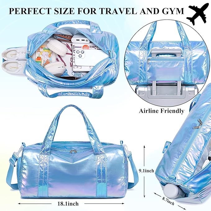 Gym Bag Sports Duffle Bag with Wet Pocket Weekender Overnight Bag with Waterproof Shoe Pouch and Air Hole for Girls Kids Women Travel Foldable Bag