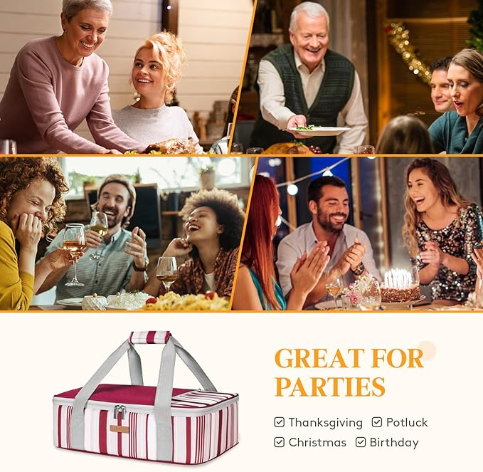 Insulated Casserole Carrier for Hot or Cold Food, Lasagna Lugger Tote for Potluck Parties/Picnic/Cookouts, Fits 9"×13" Baking Dish, Red