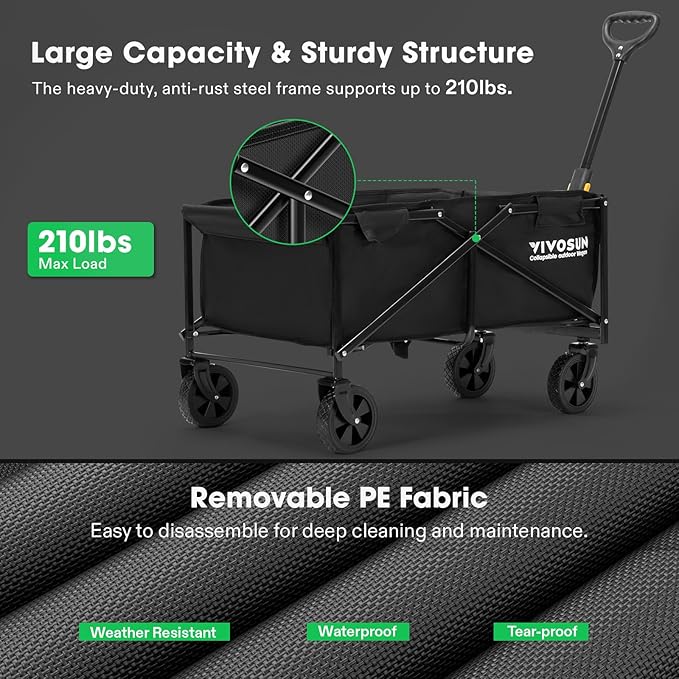 VIVOSUN Collapsible Folding Wagon, Outdoor Utility with All-Terrain Wheels, Adjustable Handle, Cup Holders & Side Pockets, for Camping, Shopping, Garden, 210Lbs Capacity, Black