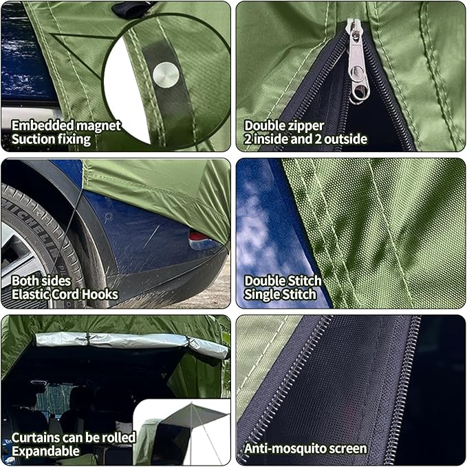 SUV Tents for Camping, 210D Heavy Duty Waterproof Tailgate Tent with Shade SUV Awning & Screen Net, Universal Car Tents for Full Size Camping SUV (Green)