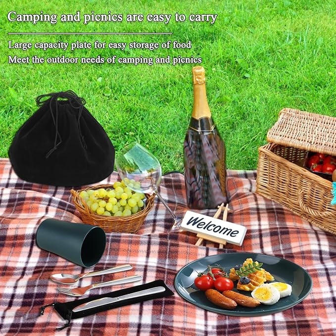 Evanda Camping Cutlery Set, Reusable Light Weight Mug, Plate and Stainless Steel Cutlery Set with Black Bag, Dishwasher Safe