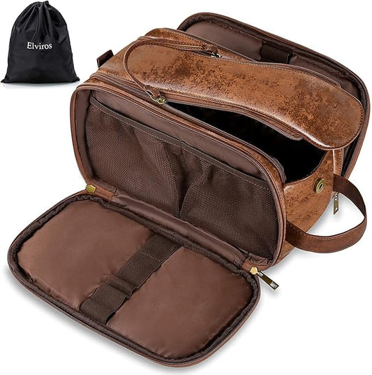 Elviros Toiletry Bag for Men, Large Travel Shaving Dopp Kit Water-resistant Bathroom Toiletries Organizer PU Leather Cosmetic Bags (Medium, Dark Brown)