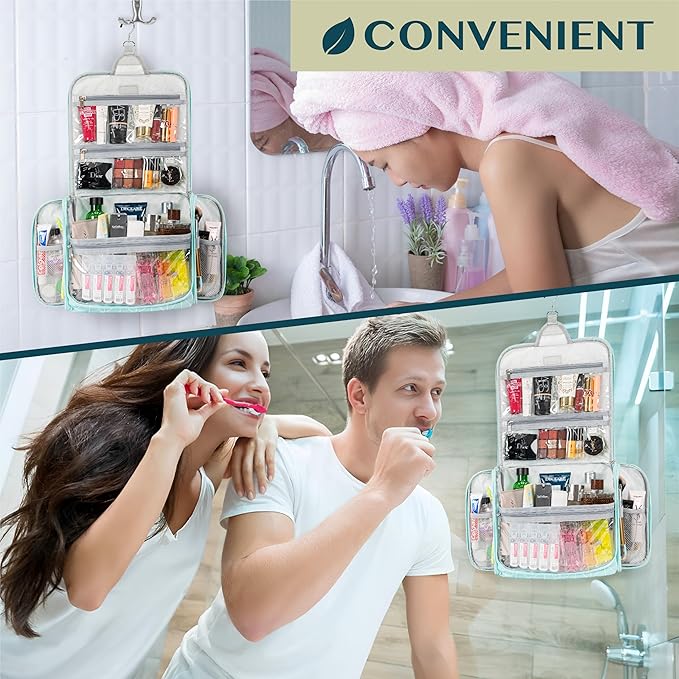 PAVILIA Large Hanging Toiletry Bag Travel Bag Women Men, Cosmetic Organizer, Water Resistant Makeup Bag Accessories Toiletries, Travel Essentials Kit, Teal Chevron