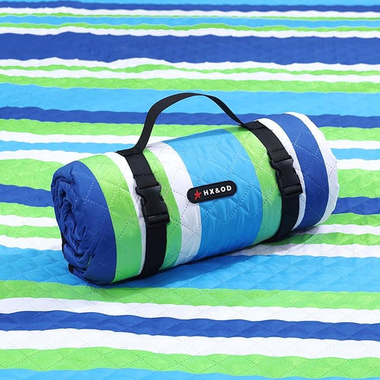 HX&OD Extra Large Picnic Blanket Outdoor 80”x80” Waterproof Picnic Mat Foldable 3-Layer Camping Blanket Portable with Carry Strap Park Blanket for Grass(Blue)