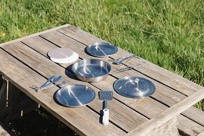Stanley Wildfare Pro 15-Piece Stainless Steel Fry Pan Cook Set | 8.75 in Fry Pan with Fold & Lock Handle | Plates and Utensils | Camping Essentials for Your Camp Kitchen | BPA-Free