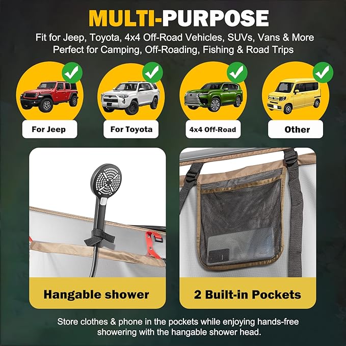 Fits for Jeep/Toyota Shower Tent Awning | 300D Ripstop Fabric,Instant Setup for 4x4 Overlanding & Boating - Aluminum Frame with Shower Head Holder - for Camping, Off-Roading, Fishing & Road Trips