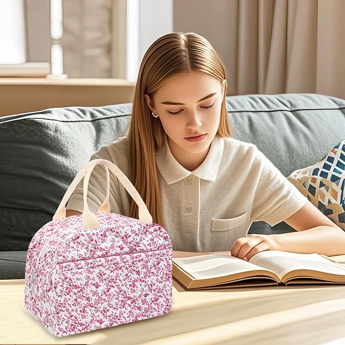 Cotton Quilted Insulated Lunch Bag, Cute Quilted Floral Lunch Tote Bags Reusable Insulated Lunch Box Coquette Aesthetic Large Capacity Insulated Cooler for Women Men Work Travel Picnic (Red)