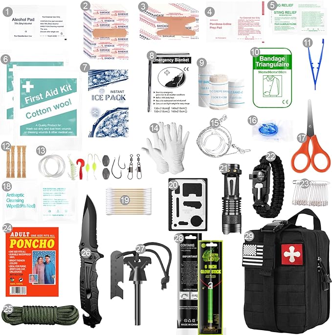 Survival Kits, 174Pcs Survival Gear First Aid Kit IFAK with Molle System Essential Camping Gear Emergency Medical Supplies for Car Fishing Hunting Outdoor Adventure