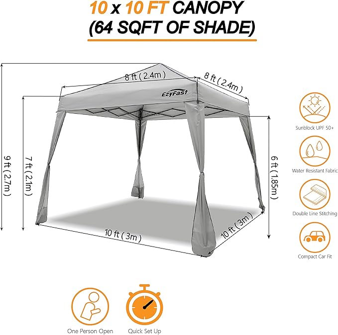 EzyFast Pop Up Canopy Tent, One Person Setup Slant Leg Portable Shelter Gazebo, Patented Design with Built-in Weight Bags, 10' x 10' Base / 8' x 8' Top A Khaki