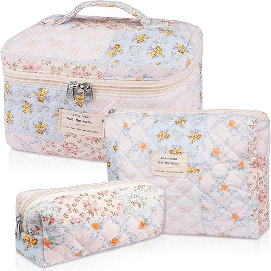 Makeup Bag Set, Quilted Makeup Bag, Large Floral Cosmetic Bag for Women, Cute Cotton Makeup Bags, Flower Travel Toiletry Organizer Bag (Folk Style)