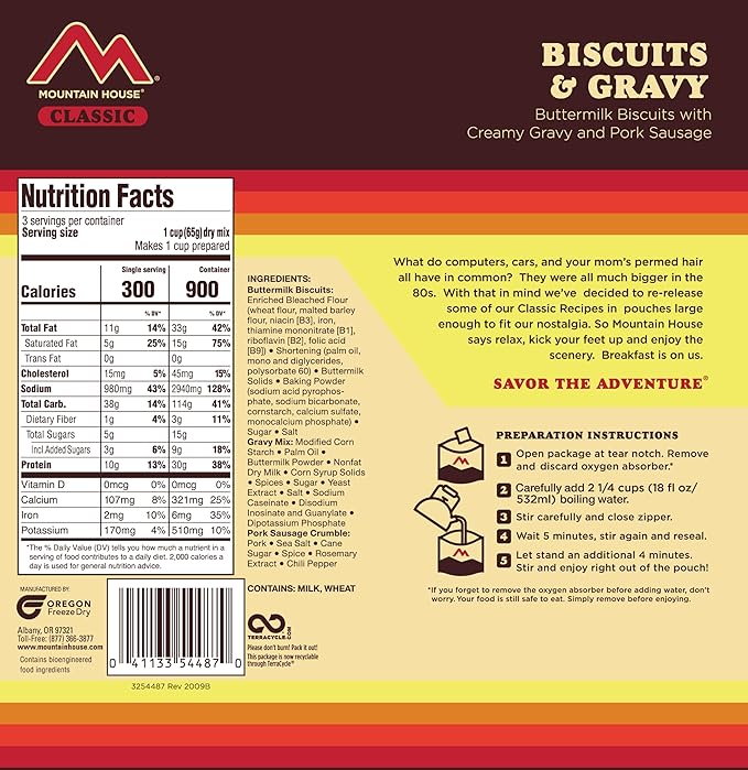 Mountain House Classic Biscuits & Gravy | Freeze Dried Backpacking & Camping Food | 4-Pack
