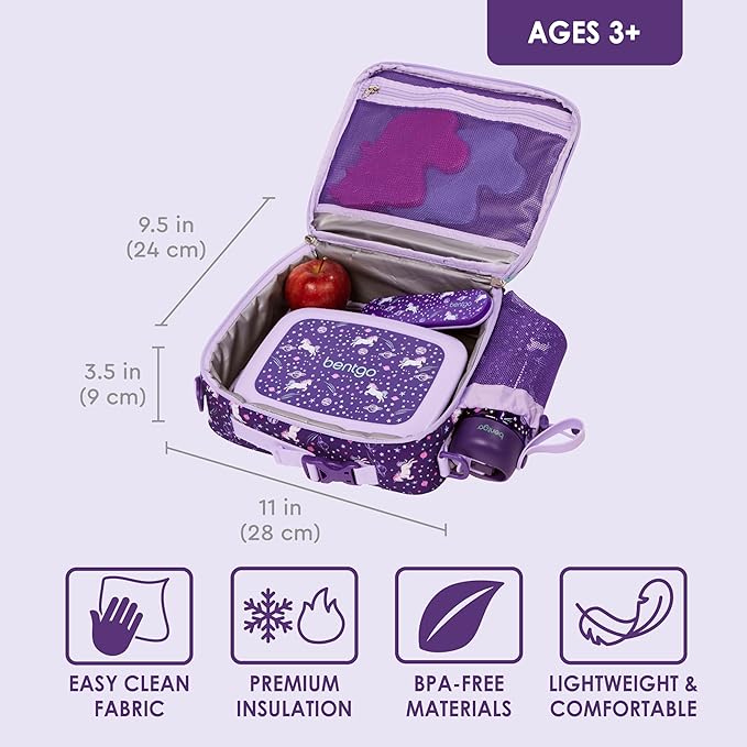 Bentgo Kids Lunch Bag - Durable, Double-Insulated Lunch Bag for Kids 3+; Holds Lunch Box, Water Bottle, & Snacks; Easy-Clean Water-Resistant Fabric & Multiple Zippered Pockets (Unicorn)