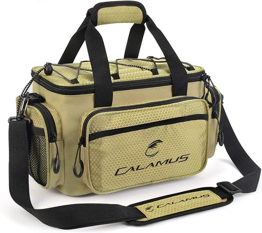 Calamus Fishing Tackle Bags - Fishing Bags for Saltwater or Freshwater Fishing - Rip-Stop PE - Padded Shoulder Strap - Pliers Storage -Khaki