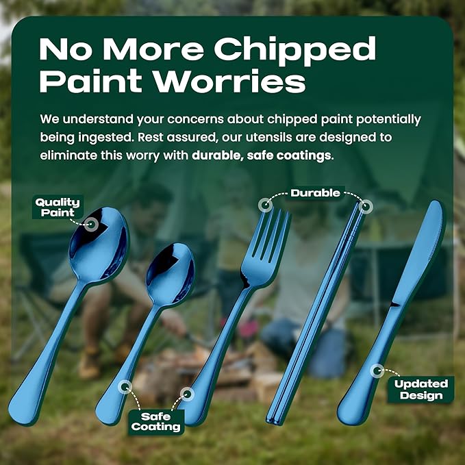 Portable Travel Silverware Set With Case, Includes 5 Pcs of Travel Utensils With Case, Stainless Steel Flatware Set For Camping, Easy to Travel, Lightweight (Blue)
