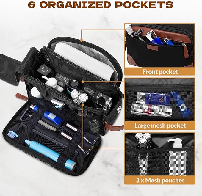 Travel Toiletry Bag for Men - Canvas Toiletries Bag with Multiple Pockets Large Hanging Dopp Kit Travel Bag for Toiletries Essentials Accessories - Black