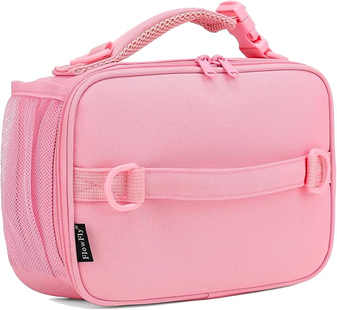FlowFly Kids Lunch Bag, Durable Insulated School Lunch Box with Shoulder Strap and Bottle Holder, Water-resistant Thermal Small Lunch Cooler Tote for Teen Boys & Girls,Pink